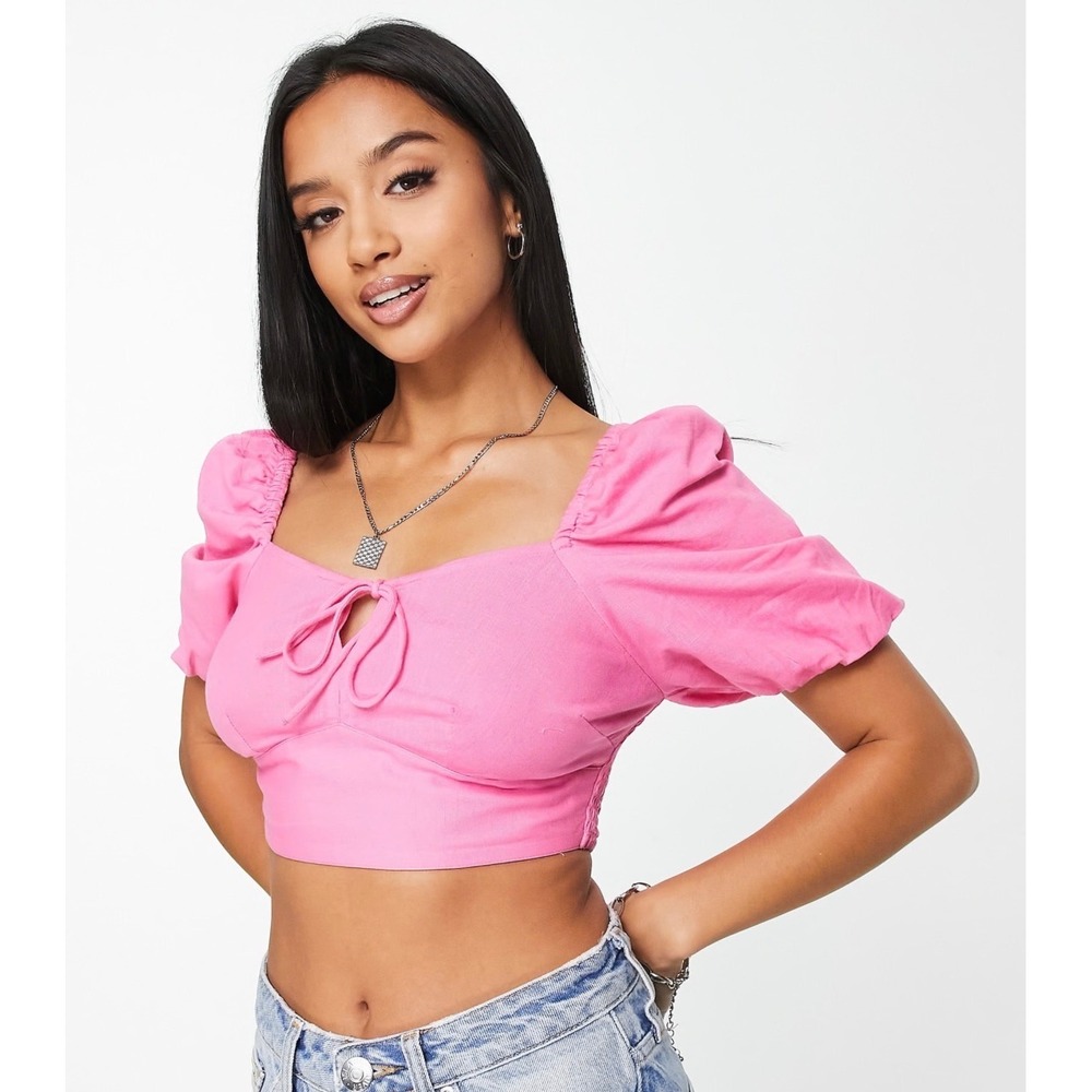 River Island Pink Puff sleeve Tie Front Crop Top Women's 0p Flirty Boho Coquette
